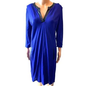 Lauren Ralph Lauren Stretch Midi V Neck 1/4 Sleeves Blue Dress Women's M Pocket